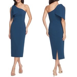 NEW Dress the Population One Shoulder Bow Midi Sheath Dress in Peacock Blue